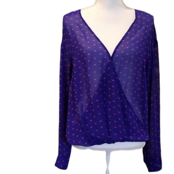 Decree Criss Cross purple and orange triangle print blouse.aize large sheer - Picture 1 of 7